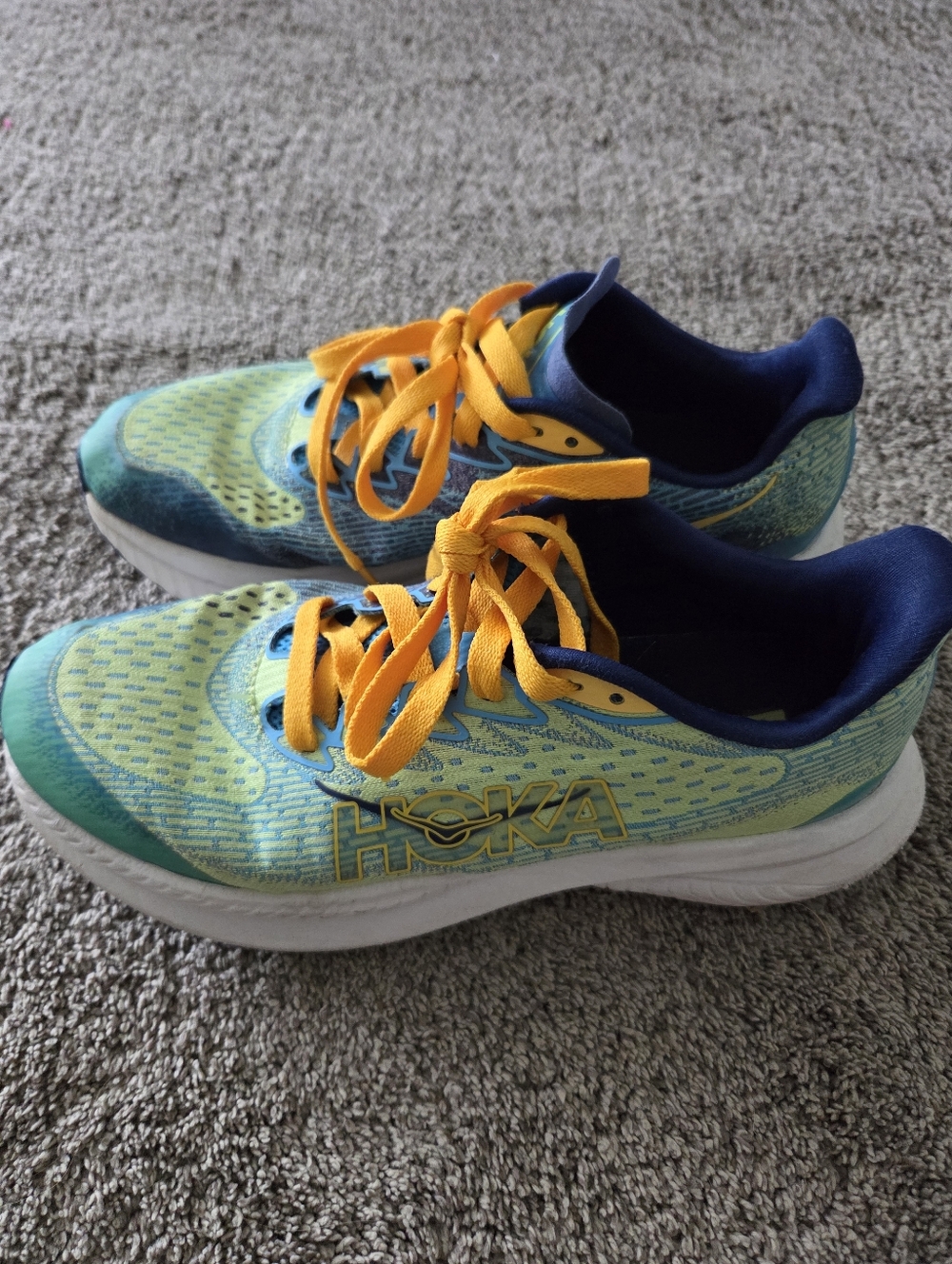 Hoka Kids Running Sneakers in Yellow and Teal with Navy Trim